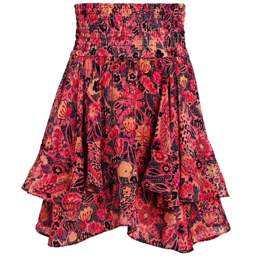 NEW ALC Vera Ruffled Floral Mini Skirt Pink Floral Gold High-Waist Rise Smocked